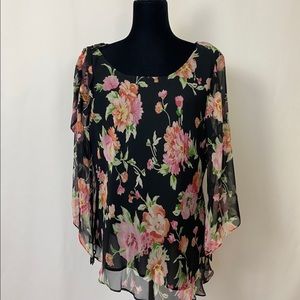 Black Floral Sheer Silk Blouse with Pink Accents